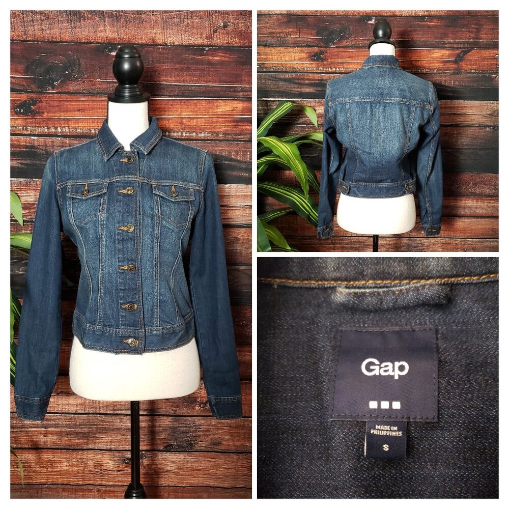 NWOT GAP 1969 Jean Jacket Small Dark Blue Denim Stretch Cropped Button Front
